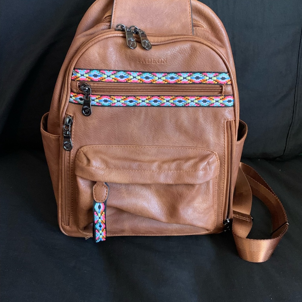 Brown Backpack with Colorful Accents